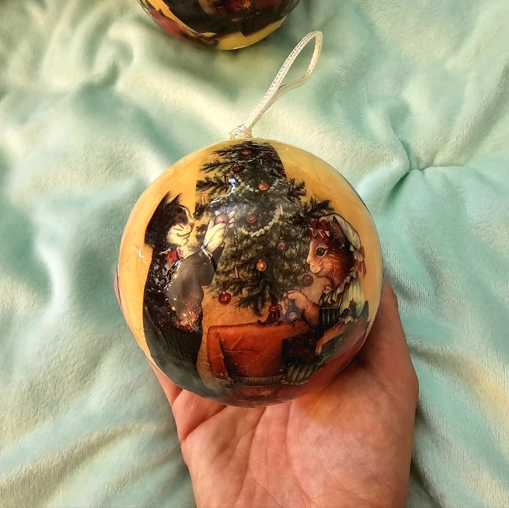 Vintage Cat Decoupage Paper Mache Ornaments Set Of 5